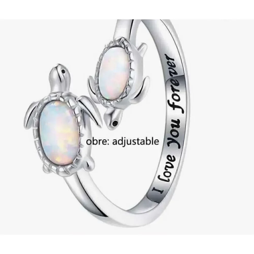 Mother And Child Turtle Ring, Adjustable Sea Turtle Ring Engraved I love you for